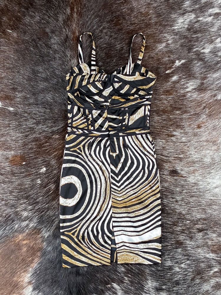 Roberto Cavalli 2000s Gold Zebra Print Bustier Mini Dress