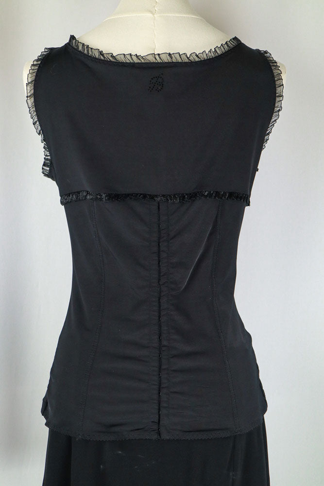 Blumarine 2000s Black Satin Tank with Pink Trim