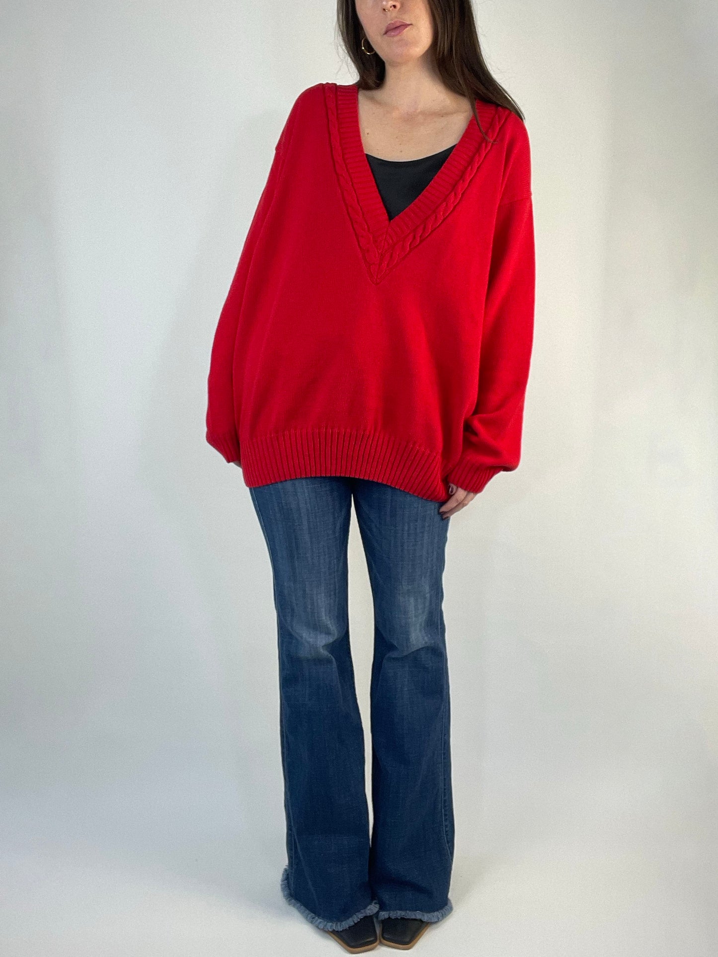 Vintage Red Deep V Sweater