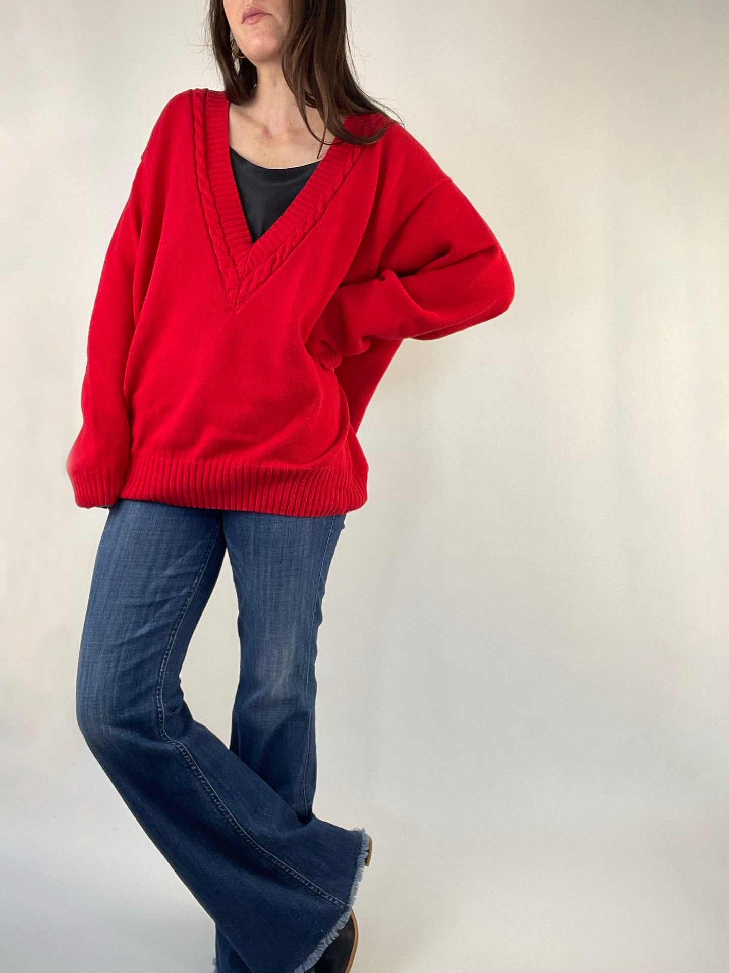 Vintage Red Deep V Sweater