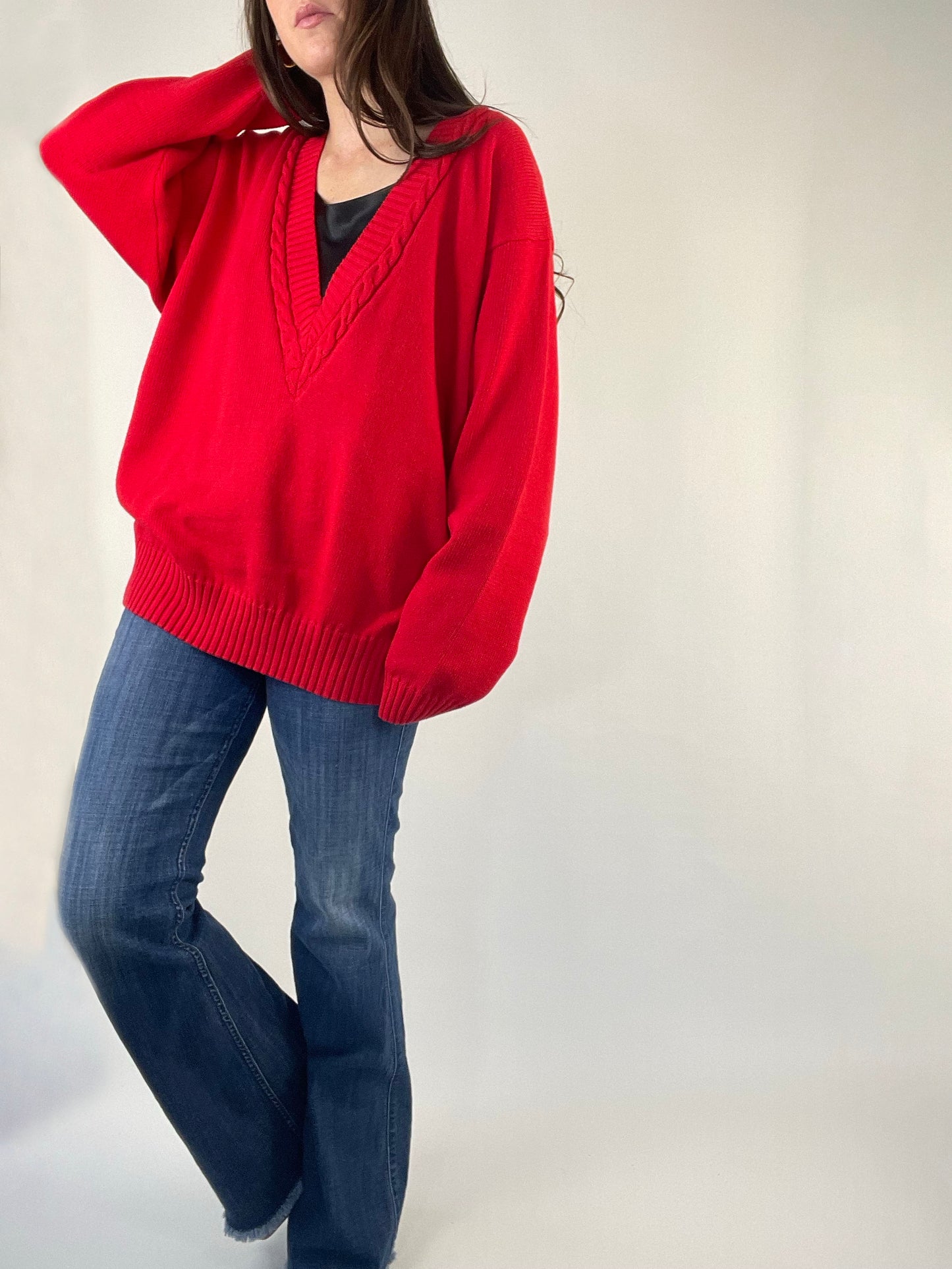 Vintage Red Deep V Sweater