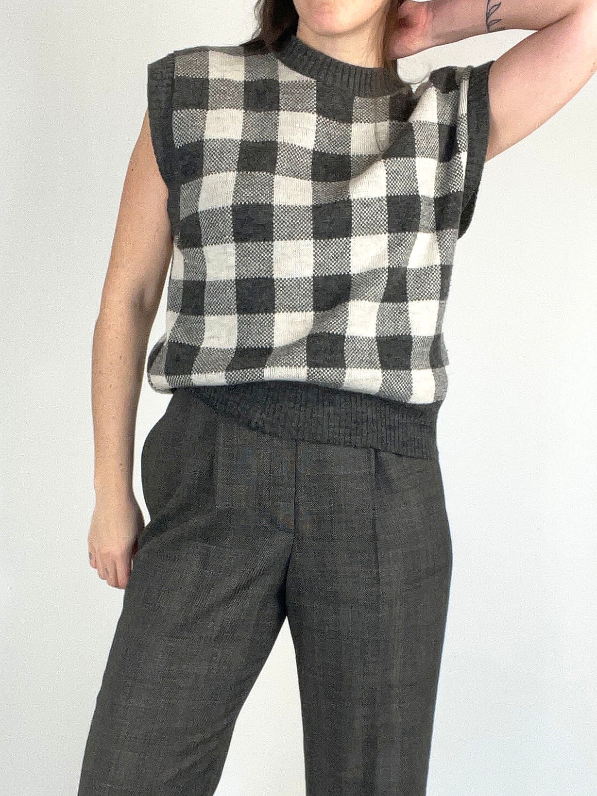 Vintage Gray and White Check Plaid Sweater Vest