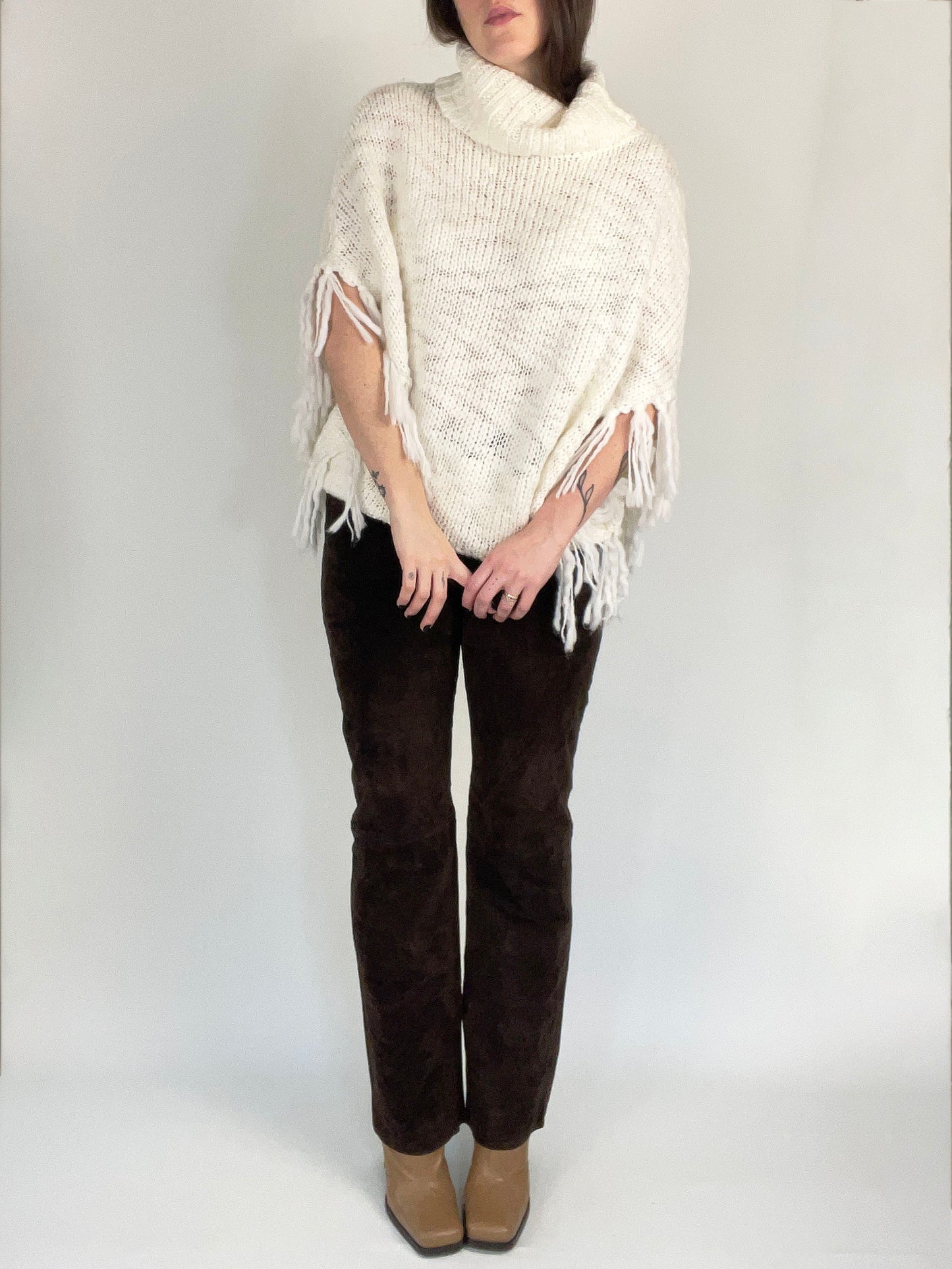 White Fringe Sweater Poncho