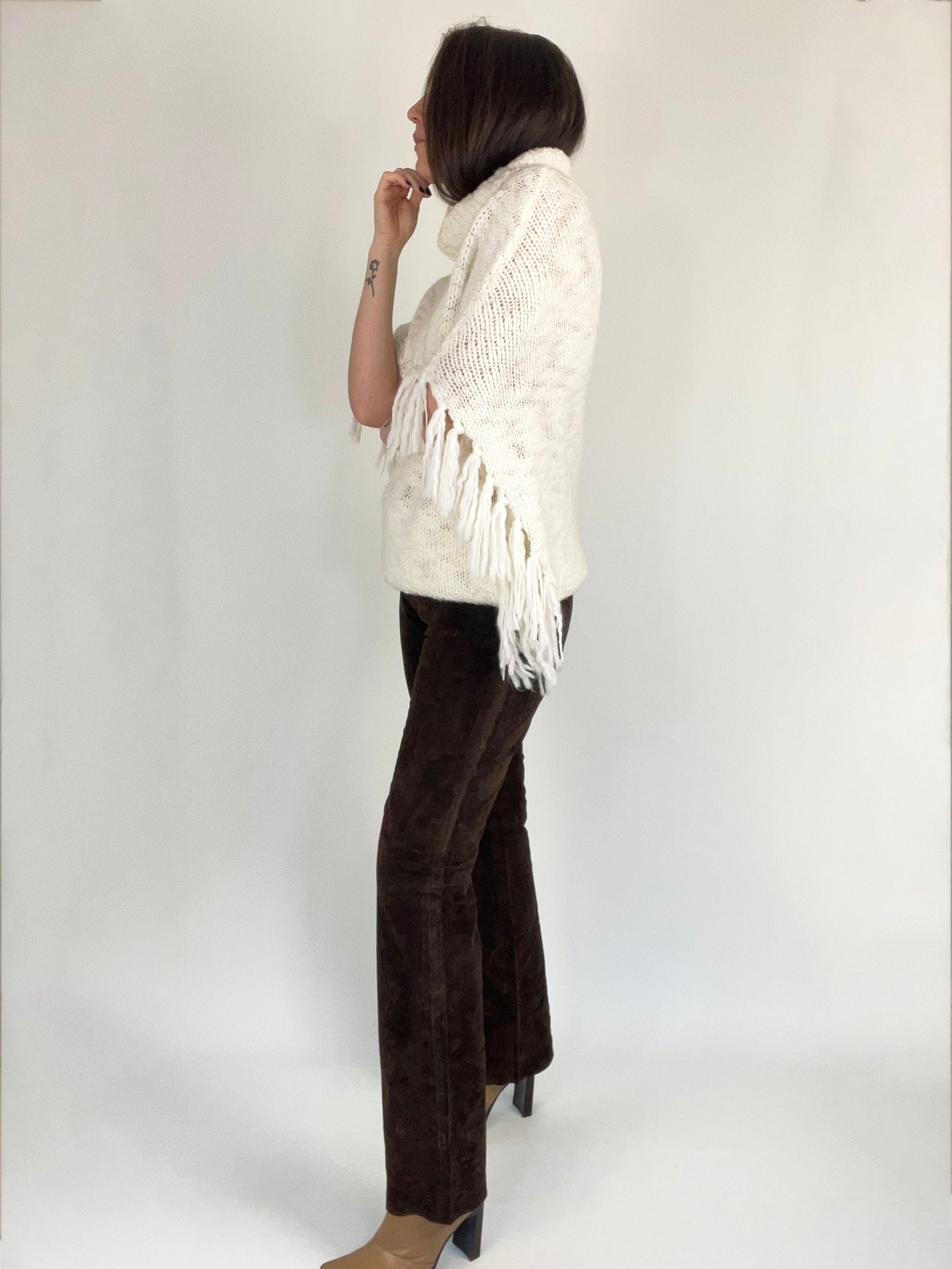 White Fringe Sweater Poncho