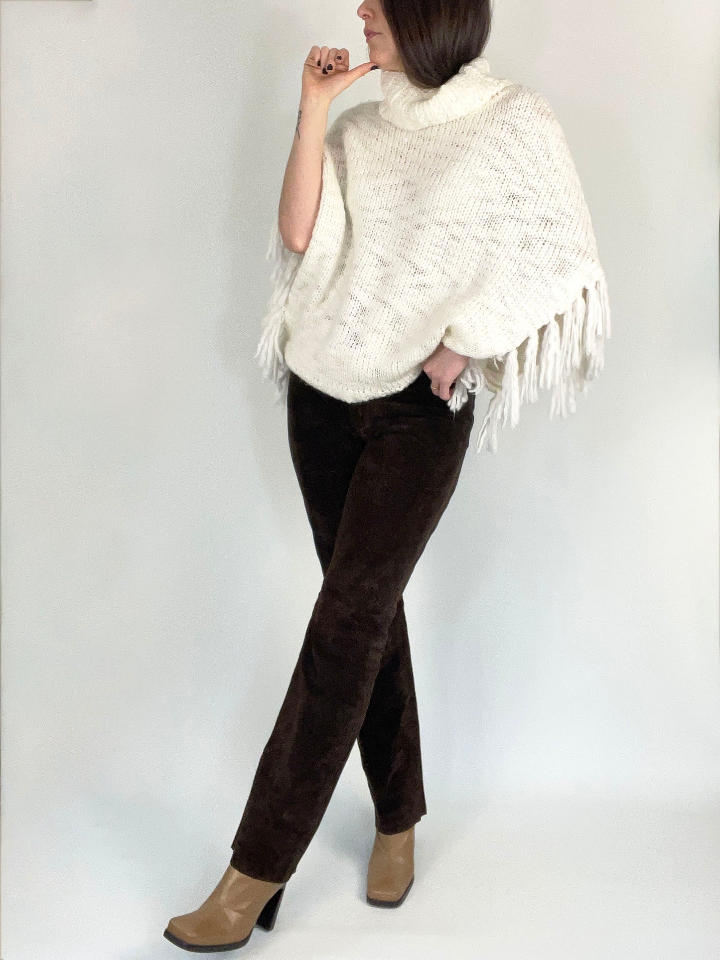 White Fringe Sweater Poncho