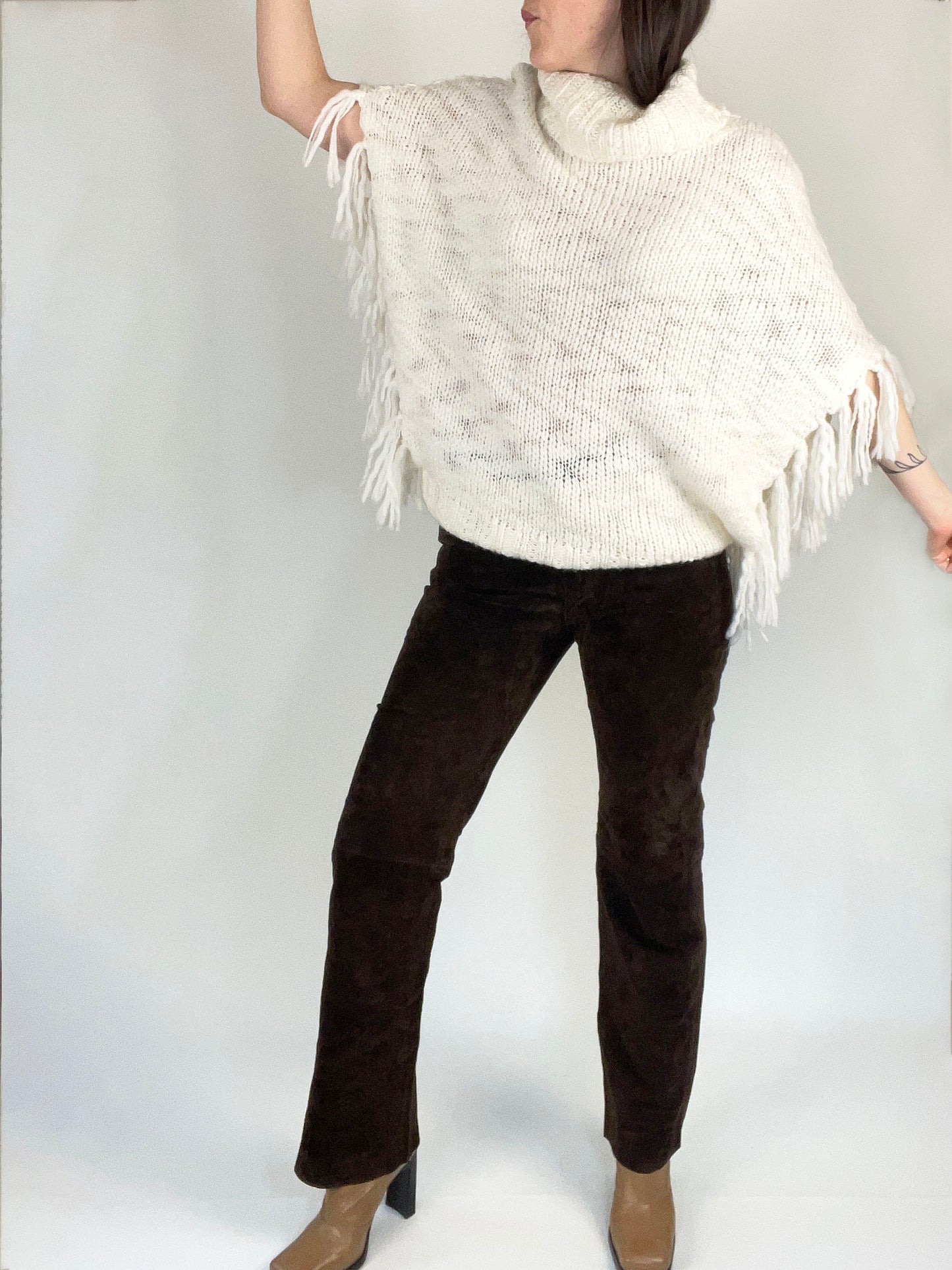 White Fringe Sweater Poncho
