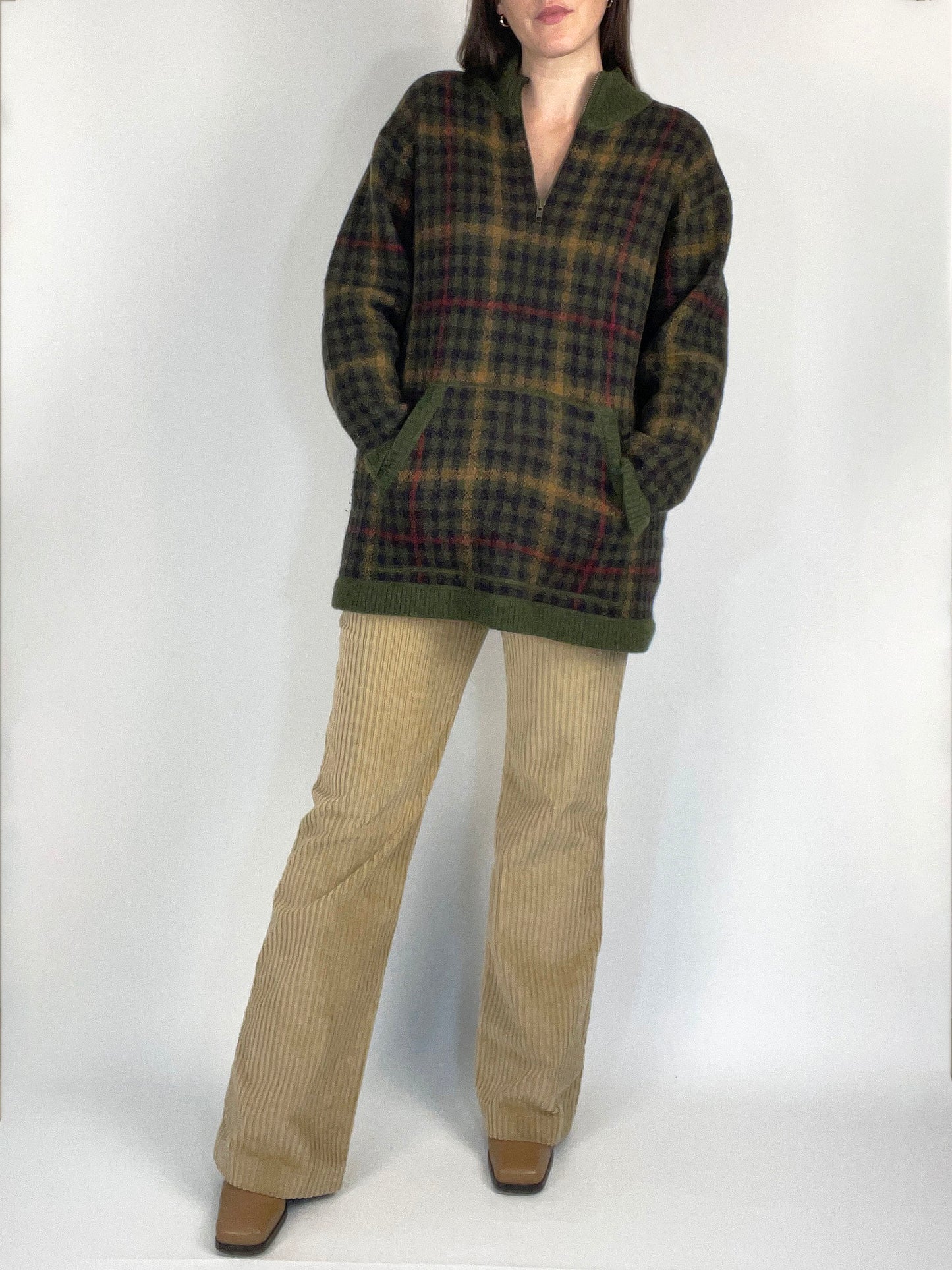 Vintage Plaid Wool Half Zip Sweater