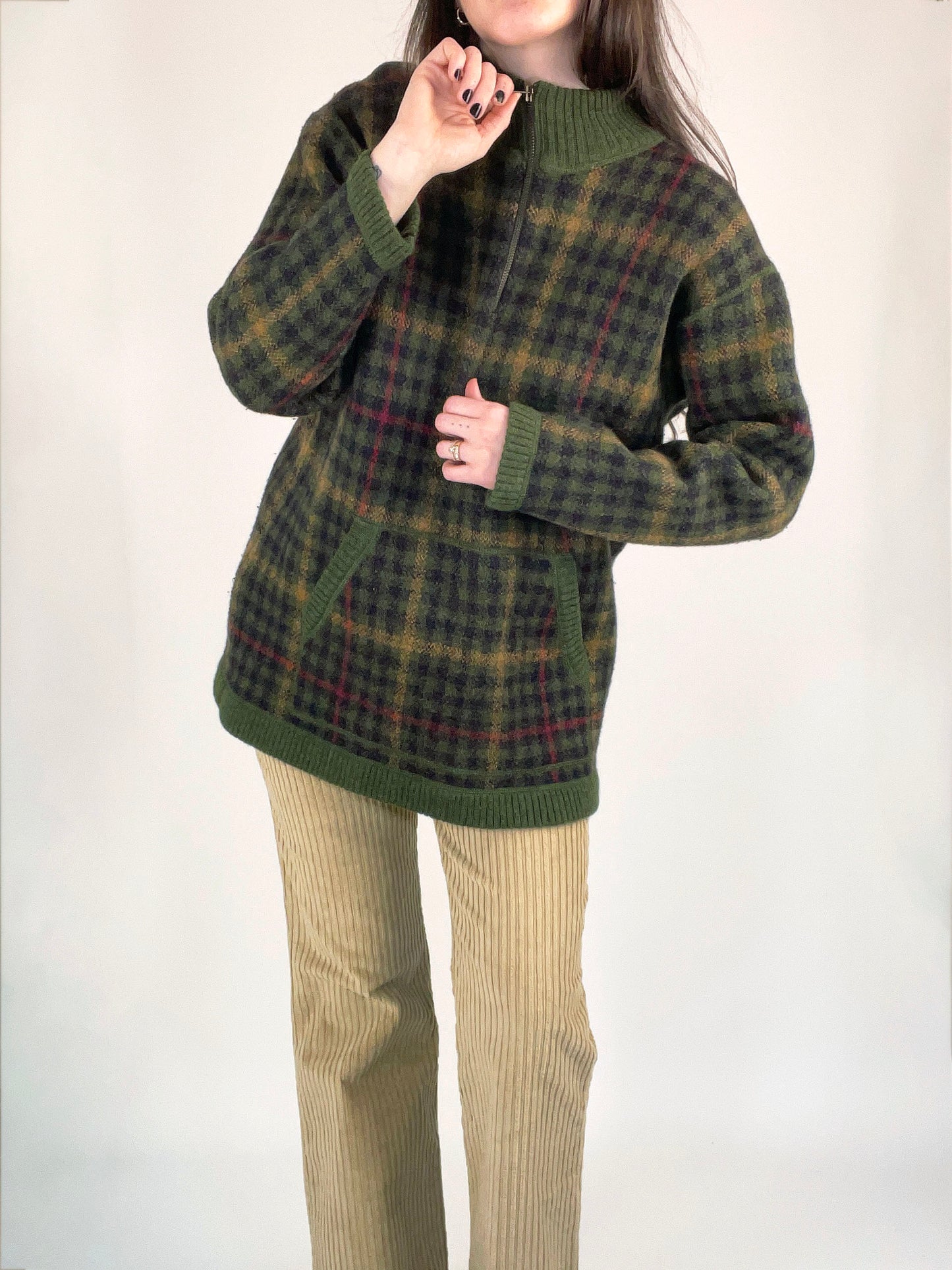 Vintage Plaid Wool Half Zip Sweater