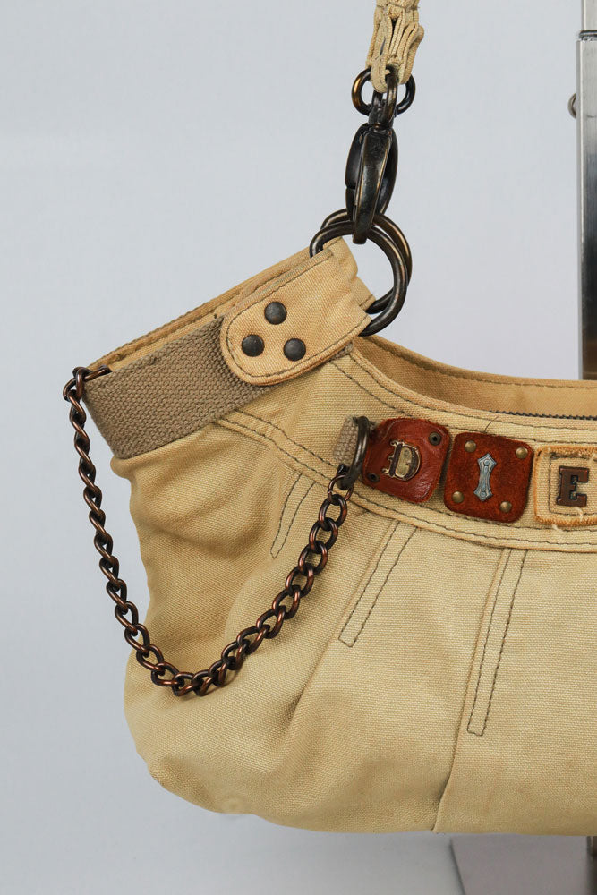 Diesel Early-2000s Beige Braided-Handle Studded Hobo