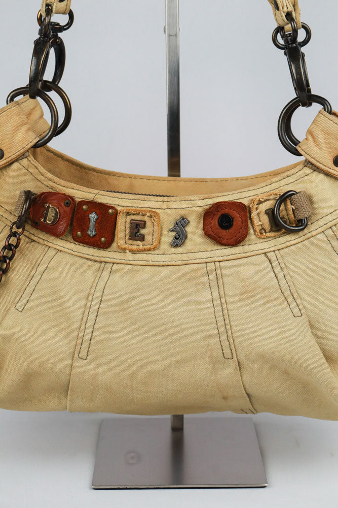 Diesel Early-2000s Beige Braided-Handle Studded Hobo