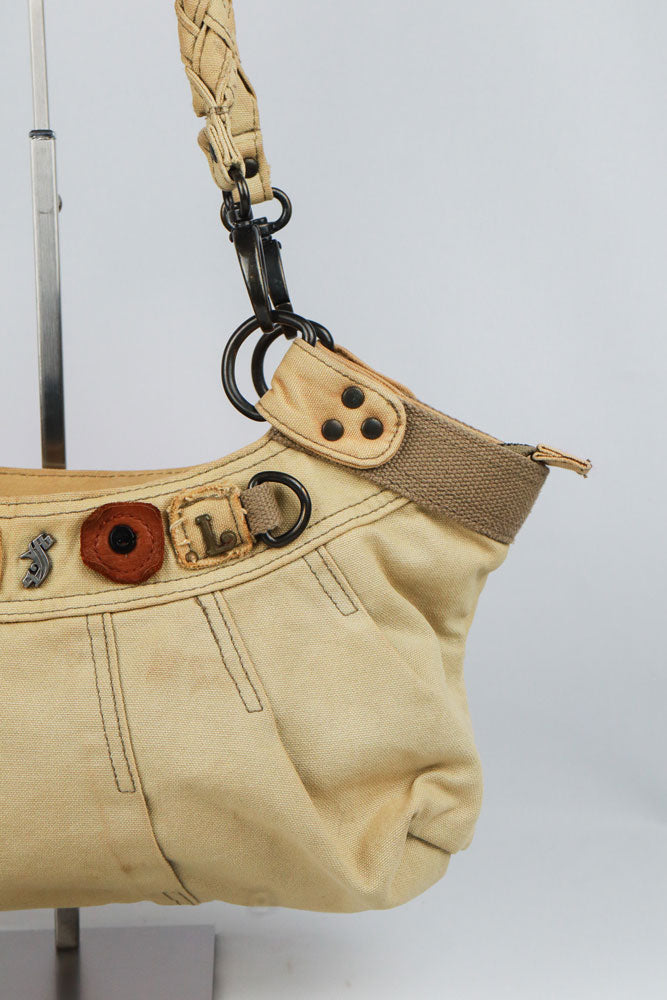 Diesel Early-2000s Beige Braided-Handle Studded Hobo