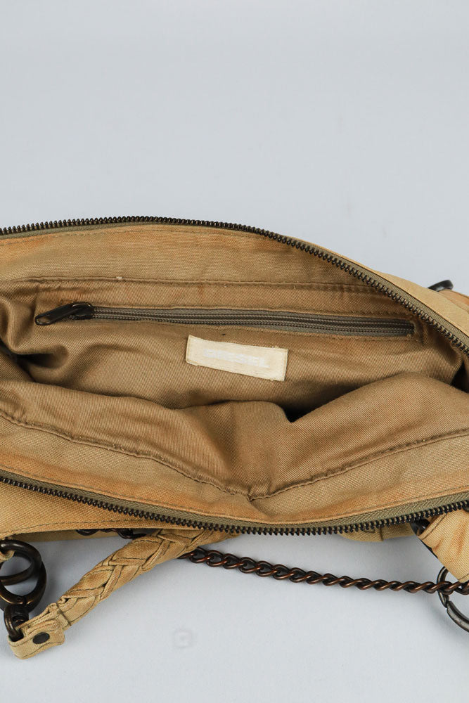 Diesel Early-2000s Beige Braided-Handle Studded Hobo