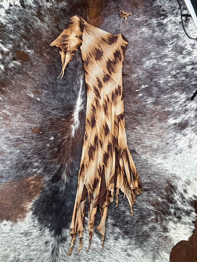 2000s Brown Asymmetrical Tie-Dye Maxi Dress