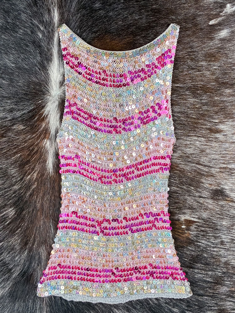 2000s Sequin Crochet Pink and Silver Tank Top