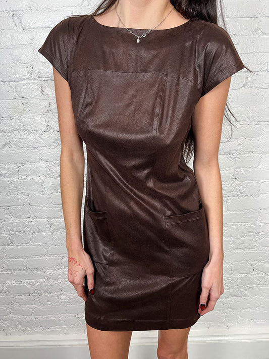 Escada 2000s Faux Leather Brown Mini Dress