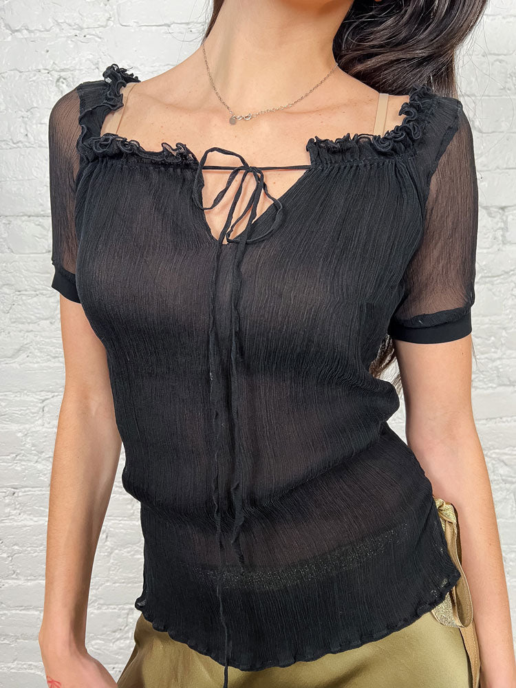 Blumarine 2000s Black Sheer Puff-Sleeve Ruffle Top