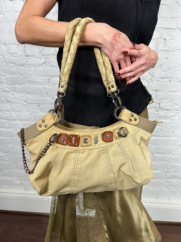 Diesel Early-2000s Beige Braided-Handle Studded Hobo