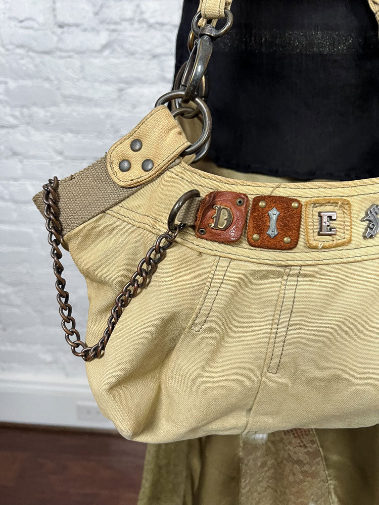 Diesel Early-2000s Beige Braided-Handle Studded Hobo