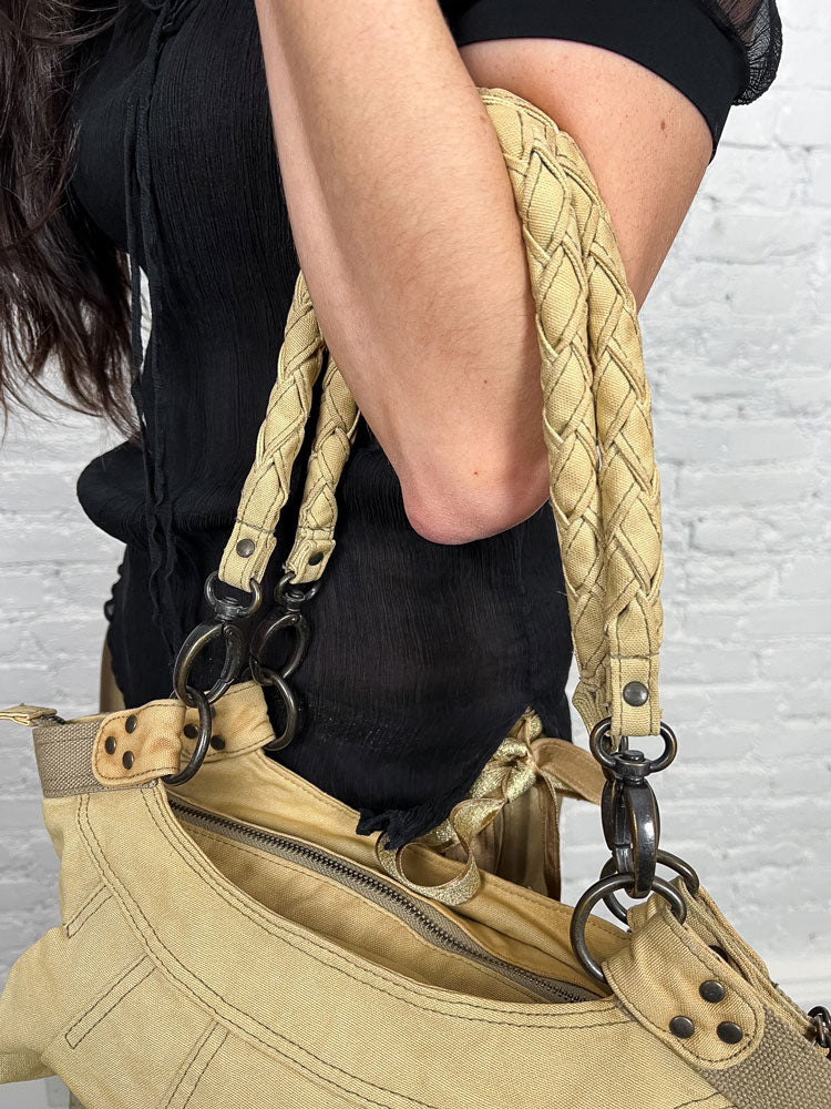 Diesel Early-2000s Beige Braided-Handle Studded Hobo