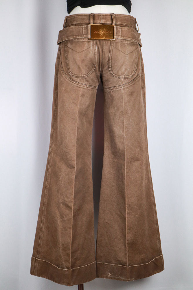 Dolce & Gabbana 1999 Brown Flared Pants with Gold Belt Buckle
