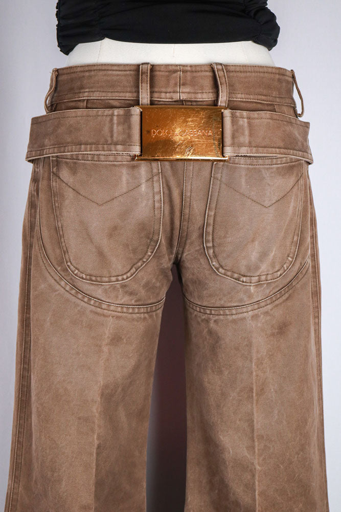 Dolce & Gabbana 1999 Brown Flared Pants with Gold Belt Buckle