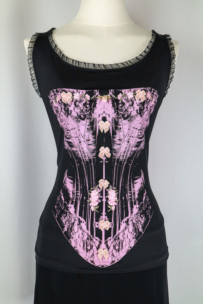 Blumarine 2000s Black Satin Tank with Pink Trim