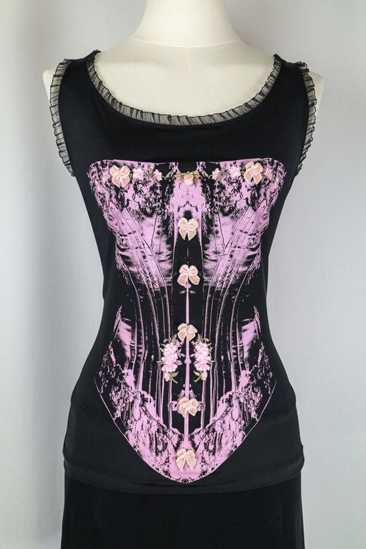 Blumarine 2000s Black Satin Tank with Pink Trim