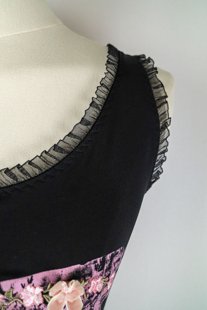 Blumarine 2000s Black Satin Tank with Pink Trim