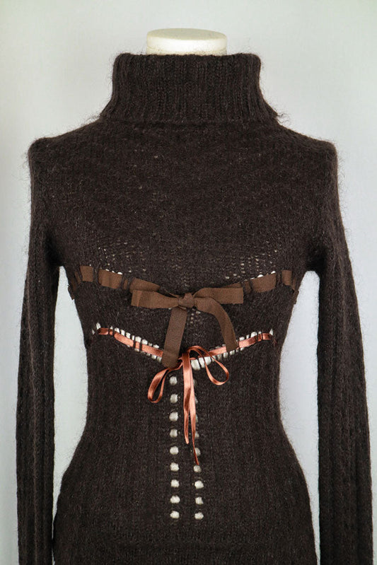 Vintage Black Knit Turtleneck with Ribbon Corset Detail