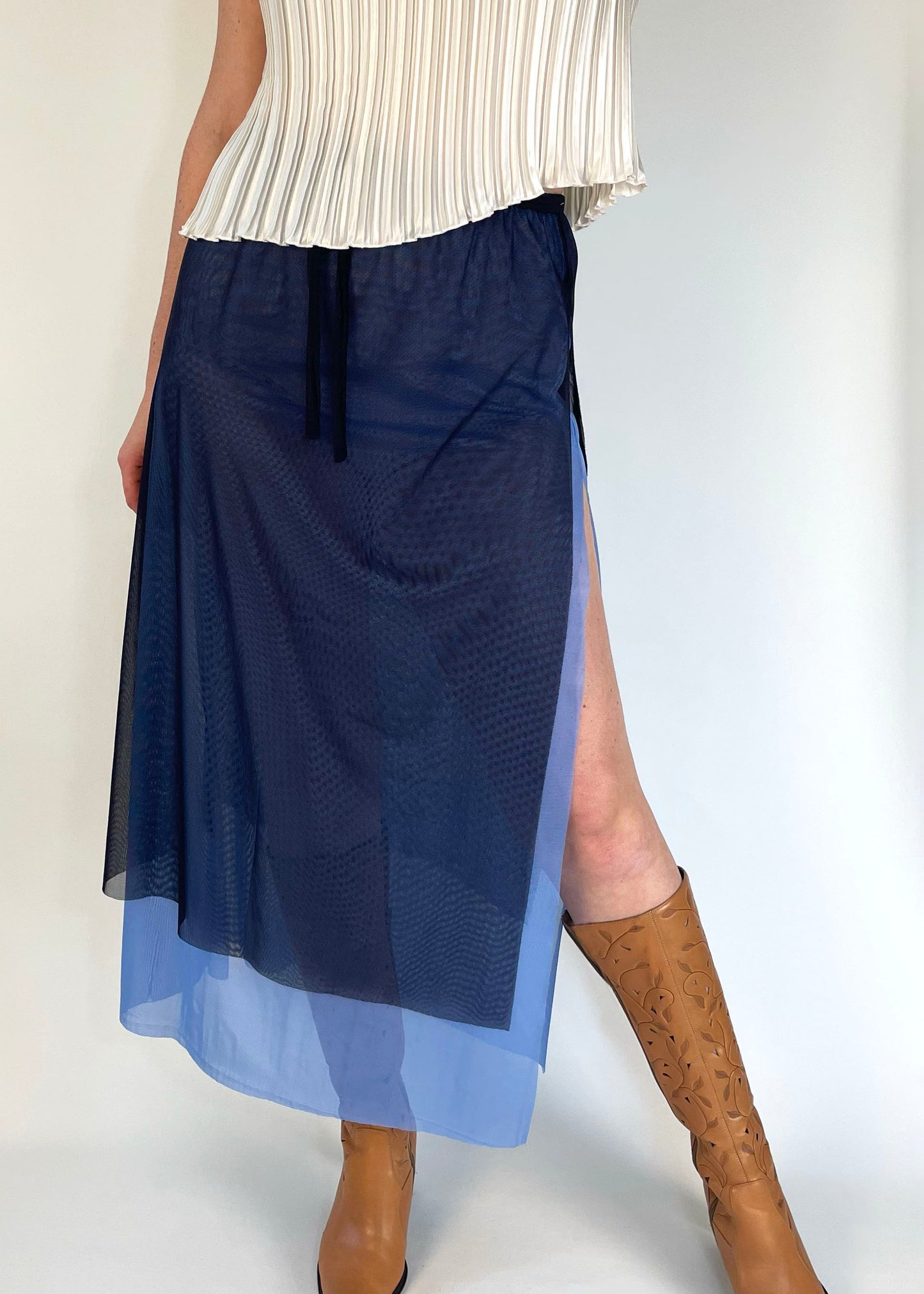 Vintage Sheer Blue Mesh Slit Skirt