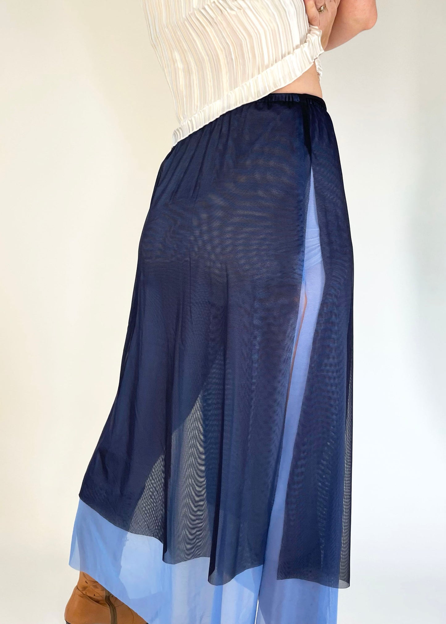 Vintage Sheer Blue Mesh Slit Skirt