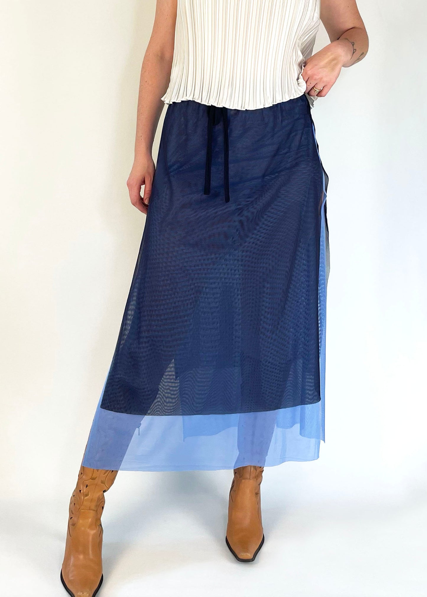 Vintage Sheer Blue Mesh Slit Skirt