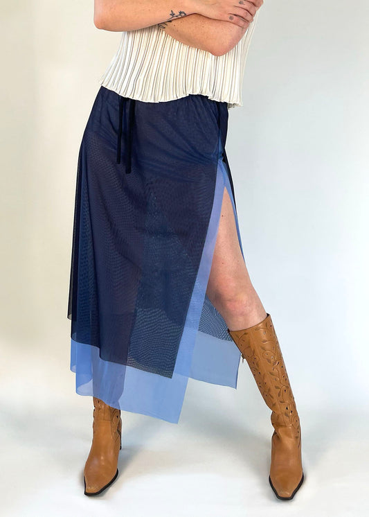 Vintage Sheer Blue Mesh Slit Skirt