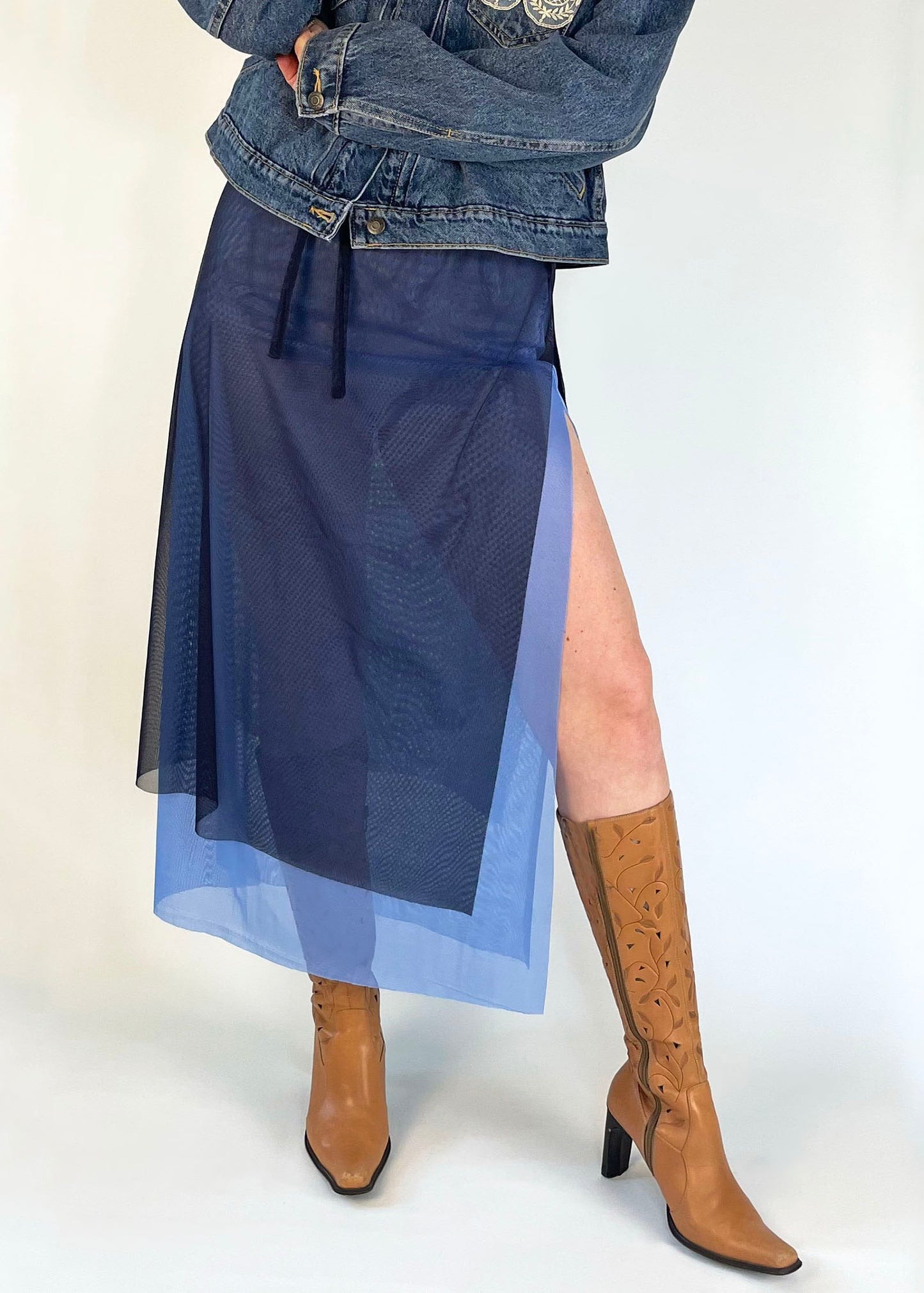 Vintage Sheer Blue Mesh Slit Skirt