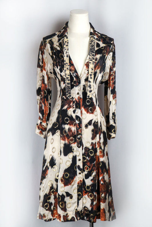 Roberto Cavalli 2000s Cow Print Shirt Dress with Gold Ring Accents