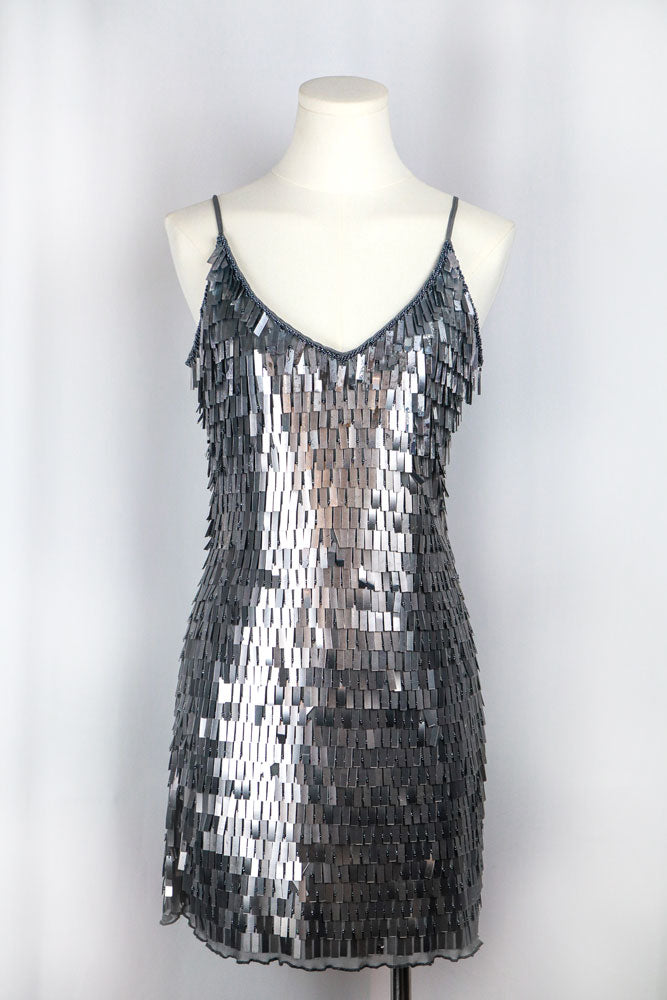 Y2K Silver Rectangular Sequin Mini Dress