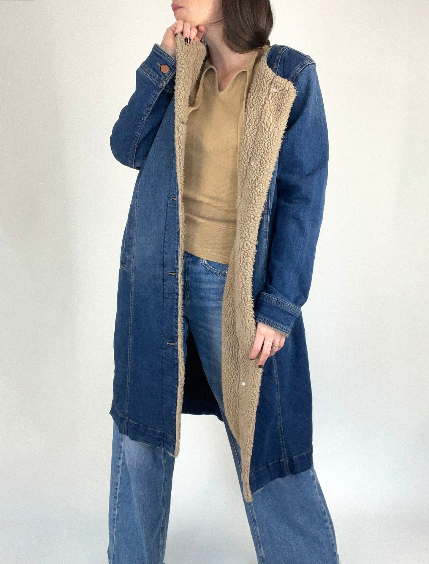 Long Denim Jacket with Faux Sherpa