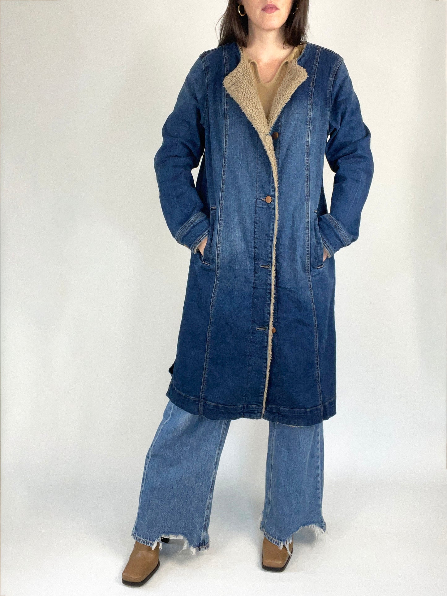 Long Denim Jacket with Faux Sherpa