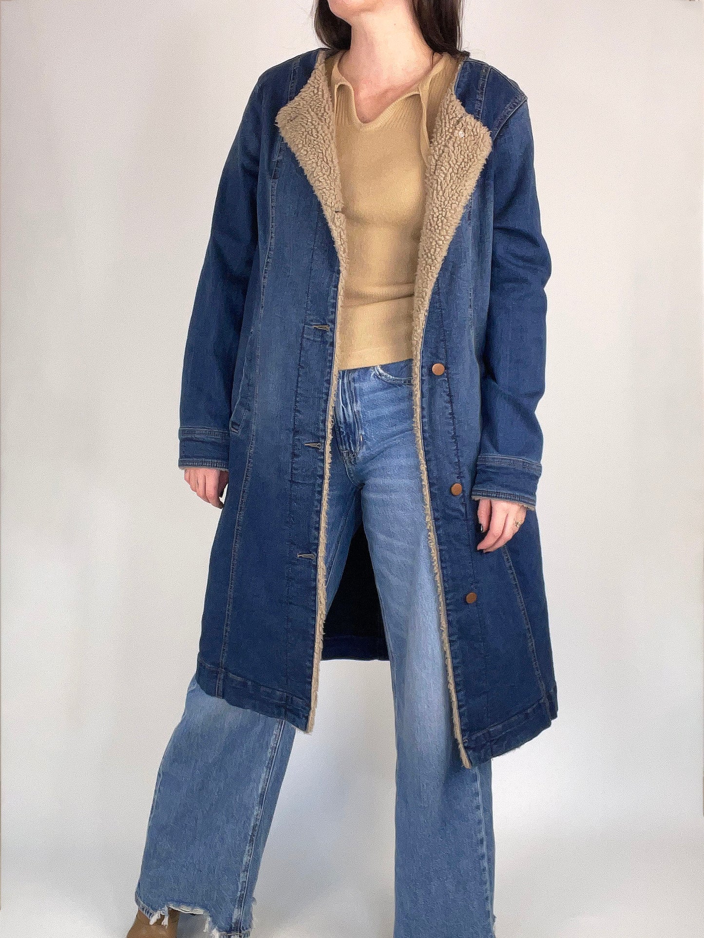 Long Denim Jacket with Faux Sherpa