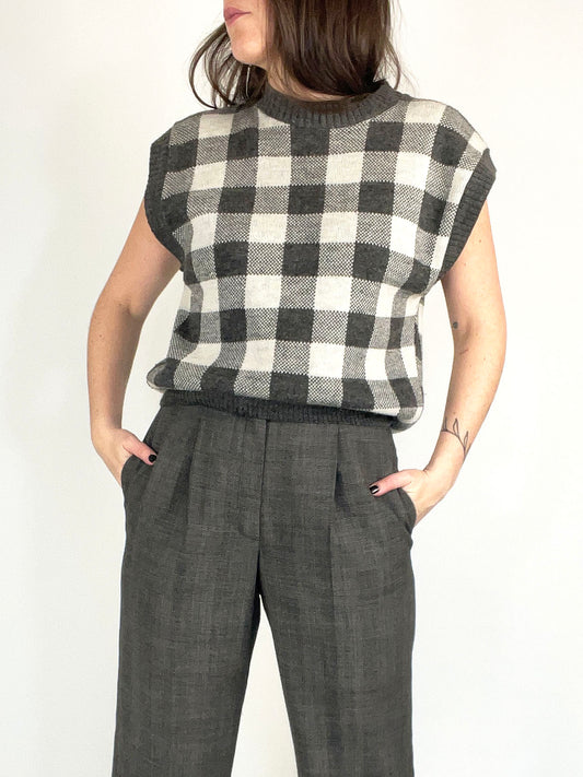 Vintage Gray and White Check Plaid Sweater Vest