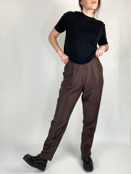 Vintage Pleated Brown Silk Pants