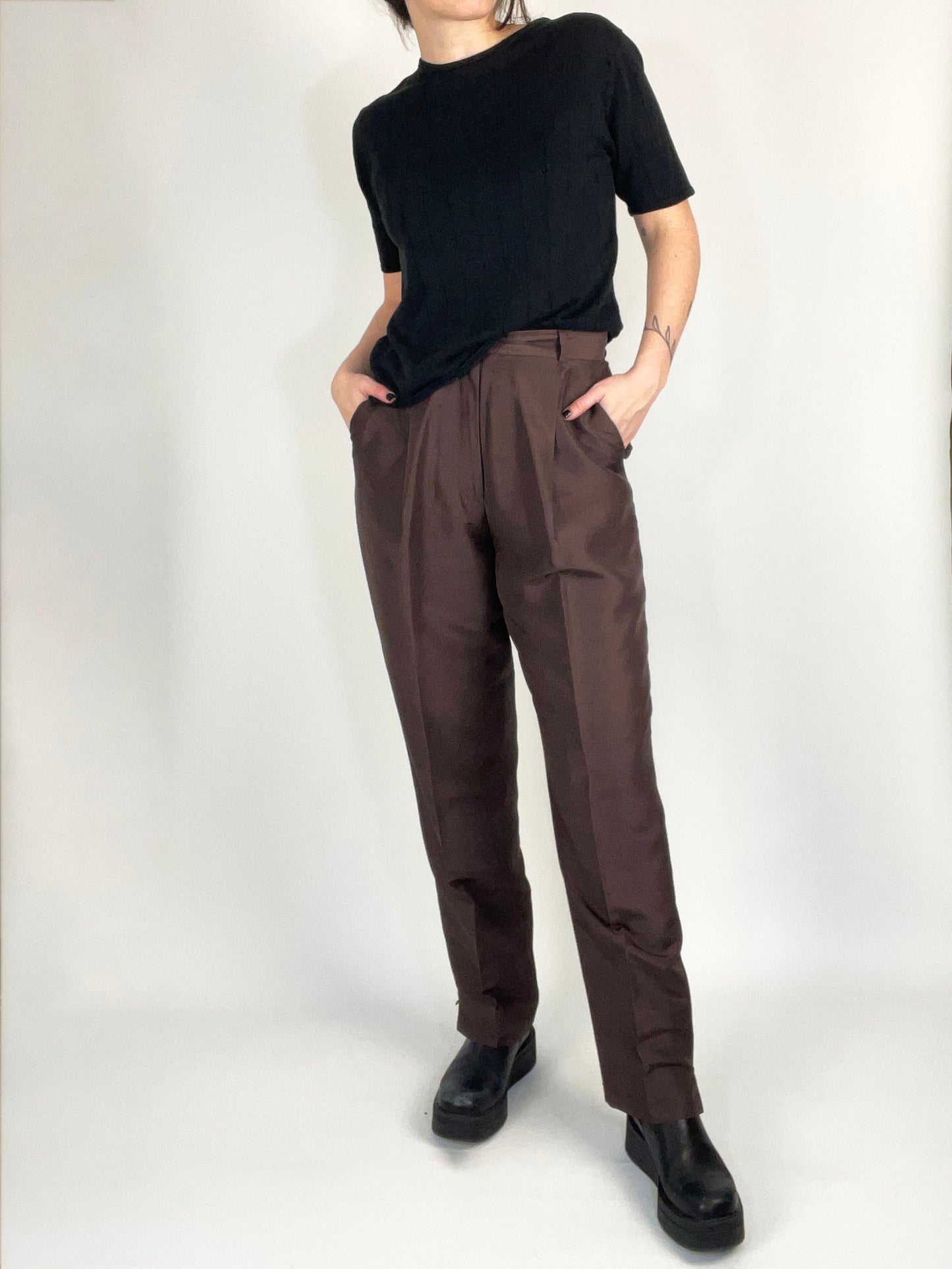 Vintage Pleated Brown Silk Pants