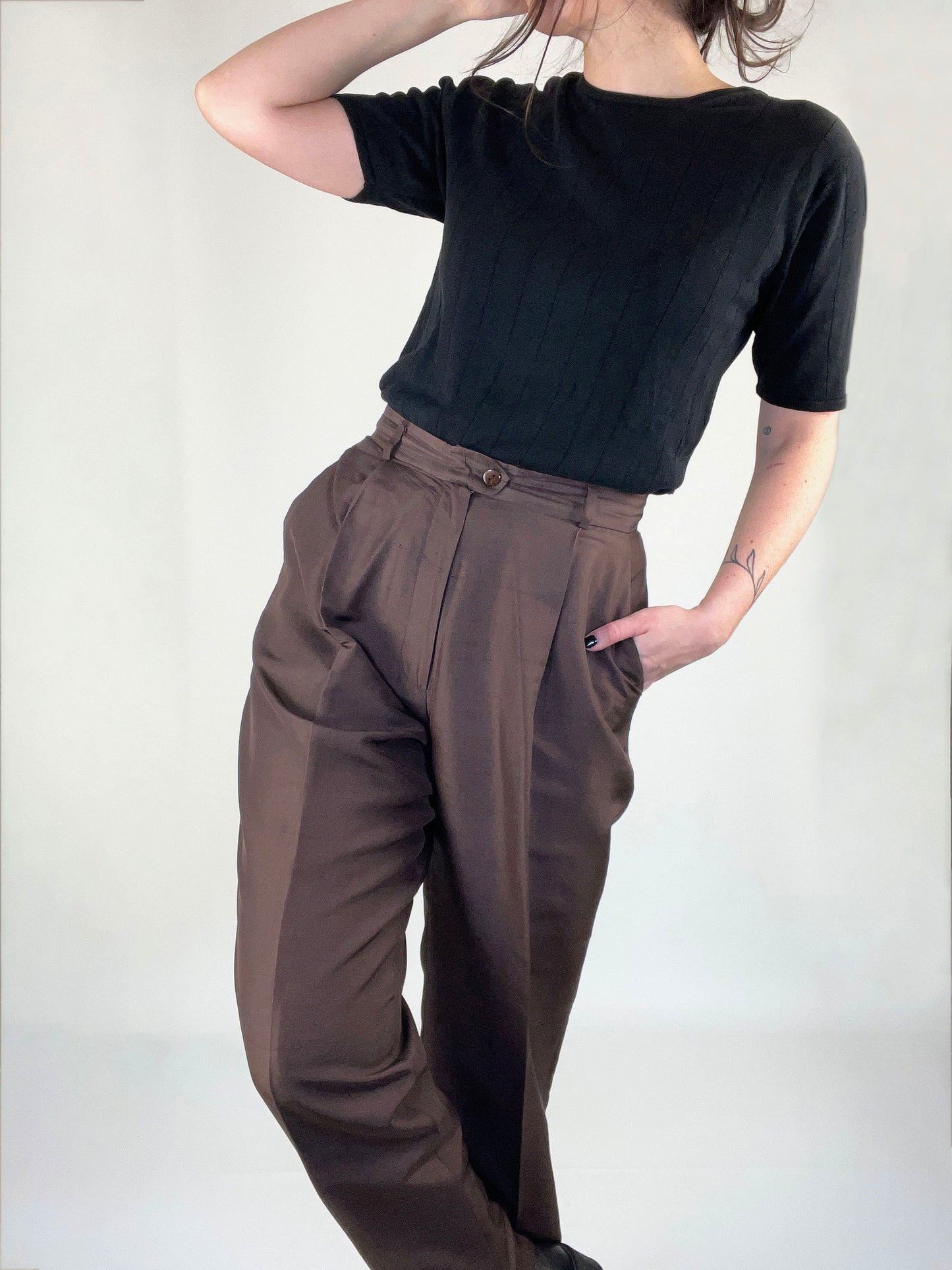 Vintage Pleated Brown Silk Pants