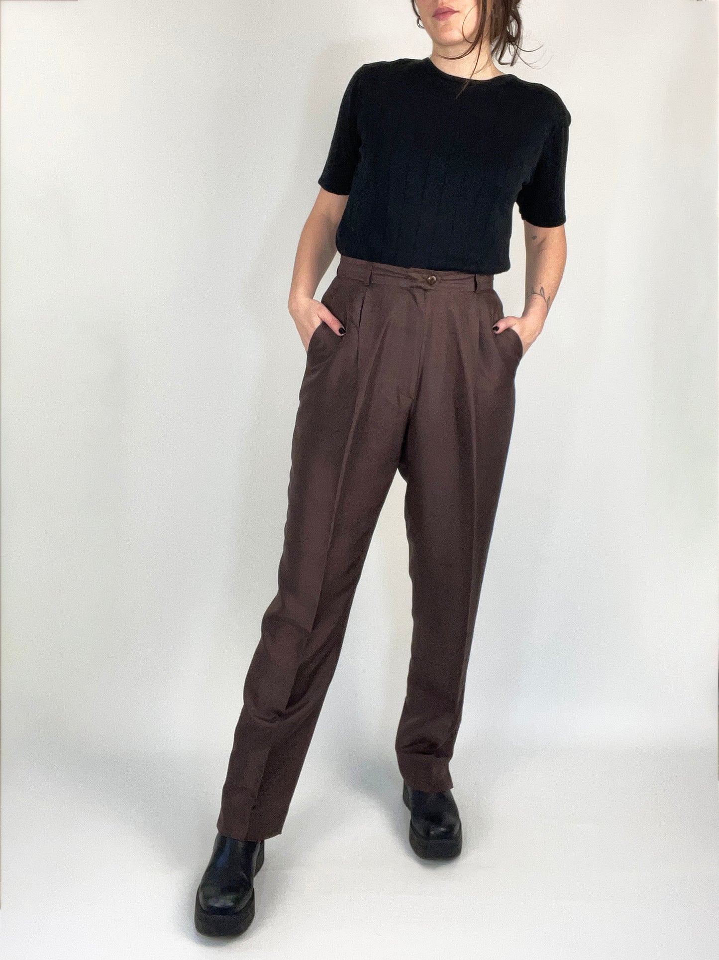 Vintage Pleated Brown Silk Pants