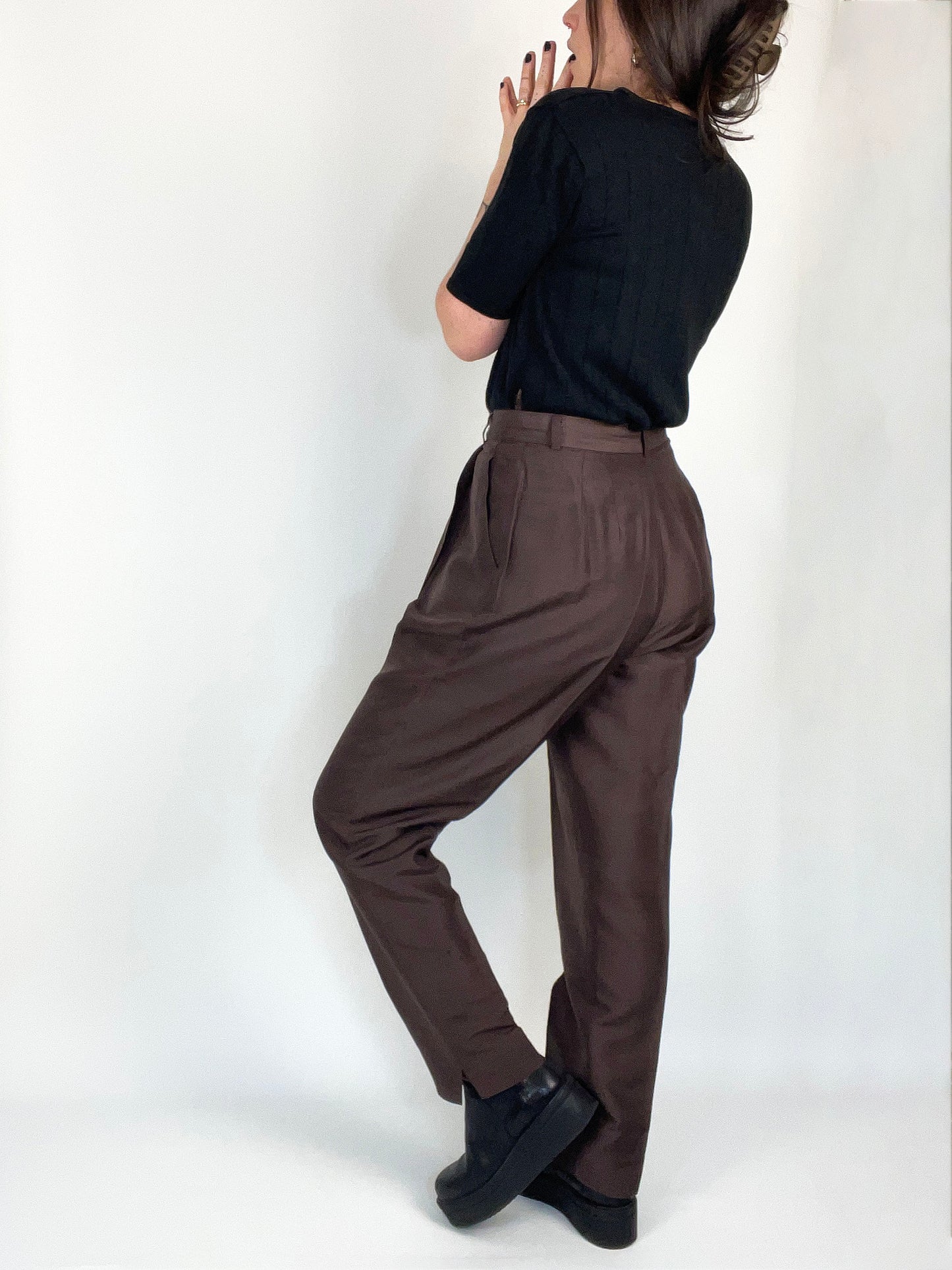 Vintage Pleated Brown Silk Pants