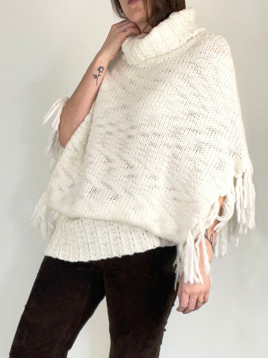 White Fringe Sweater Poncho