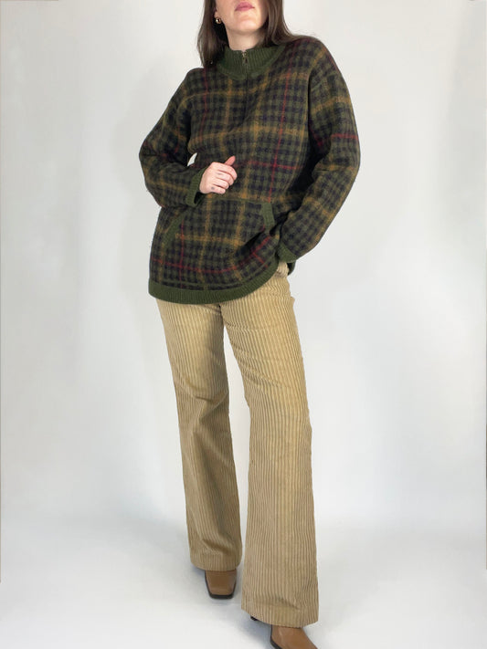 Vintage Plaid Wool Half Zip Sweater